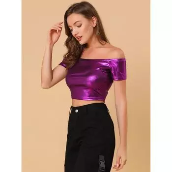 Женский блестящий укороченный топ с открытыми плечами цвета металлик ALLEGRA K, зеленый