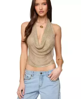 Женский блестящий вязаный топ с воротником-хомут и открытой спиной Edikted, золотой