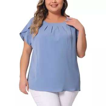 Женский, большие размеры, однотонный, рабочий, плиссированный, круглый вырез, базовый топ с рукавами-тюльпанами Agnes Orinda, синий