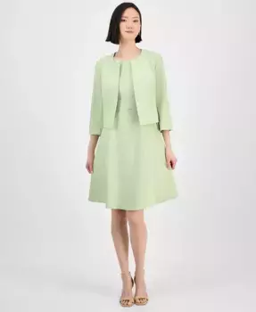 Женский болеро без воротника с открытой передней частью и платье-футляр без рукавов с круглым вырезом и расклешенным низом Le Suit, зеленый