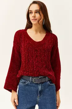 Женский бордовый синельный свитер с v-образным вырезом и мягкой текстурой Olalook