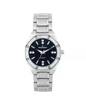 Женский браслет шестигранной формы с черным циферблатом, серебристый ремешок-браслет Peugeot, серебро