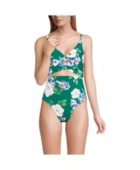 Женский цельный купальник-монокини с запахом и высоким разрезом Lands' End, зеленый