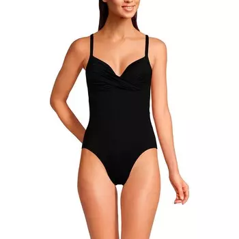 Женский цельный купальник с драпировкой и вырезом в форме сердца, с высокими штанинами Lands' End, черный