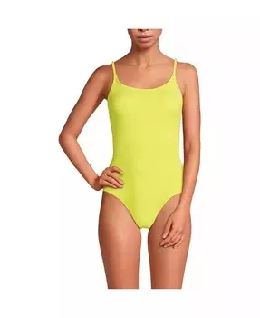 Женский цельный купальник с овальным вырезом и высокими штанинами без корсета на тонких бретелях Lands' End, зеленый