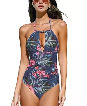 Женский цельный купальник с воротником-халтер и цветочным принтом CUPSHE, синий