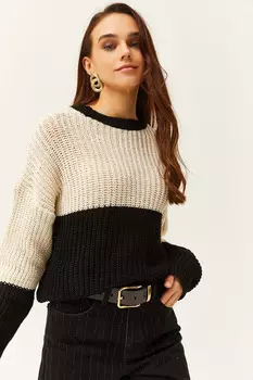 Женский черно-белый трикотажный свитер с круглым вырезом Olalook, черный