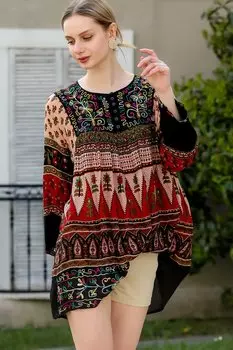 Женский черно-бордовый красный халат с вышивкой и декоративными пуговицами, индийская тканая туника Chiccy, черный