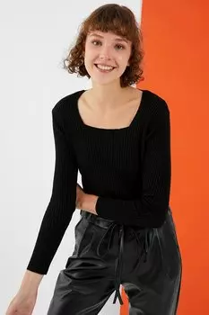 Женский черный базовый свитер узкого кроя в рубчик с квадратным вырезом Z Giyim