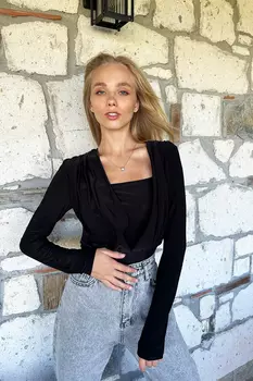 Женский черный боди с глубоким v-образным вырезом Trend Alaat Stili