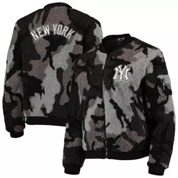 Женский черный бомбер из шерпы с камуфляжным принтом The Wild Collective New York Yankees и молнией во всю длину