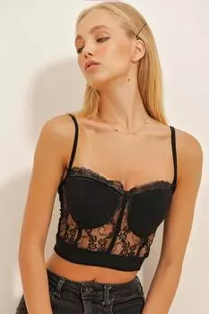 Женский черный бюстгальтер с регулируемым ремешком и прошитой спереди кружевной укороченной блузкой Trend Alaat Stili