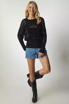 Женский черный фактурный ажурный трикотажный свитер Happiness Istanbul, черный