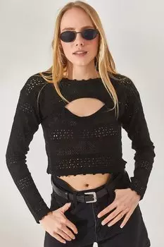 Женский черный халат с декольте Ажурная укороченная трикотажная блузка Olalook