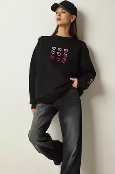 Женский черный свитшот с вышивкой розового золота и сердца Happiness stanbul