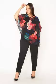 Женский черный топ большого размера с детальным комбинезоном из шифоновой накидки 65n23917 ans, разноцветный