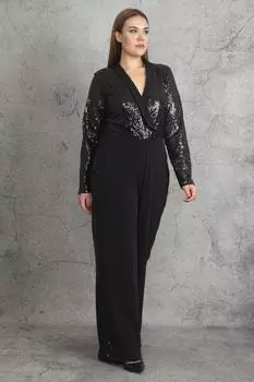 Женский черный топ большого размера с запахом, воротником и пайетками на рукавах и по бокам 65n19787 ans