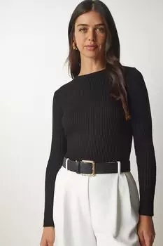 Женский черный трикотаж в рубчик с круглым вырезом Happiness Istanbul, черный