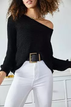 Женский черный трикотажный свитер с вырезом «лодочка» XHAN