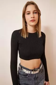 Женский черный укороченный трикотажный свитер в рубчик Happiness stanbul