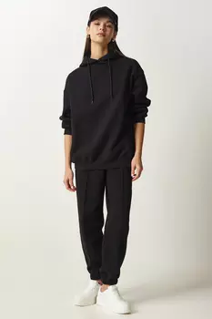 Женский черный вязаный спортивный костюм с шалью и капюшоном Happiness stanbul