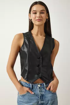 Женский черный жилет из искусственной кожи с v-образным вырезом Happiness stanbul