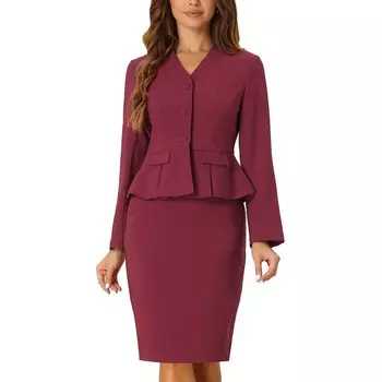 Женский деловой комплект из 2 предметов, блейзер с баской и длинными рукавами без воротника, юбки-карандаши ALLEGRA K, цвет Dark Red