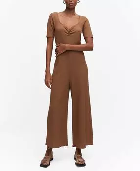 Женский длинный комбинезон со рюшами MANGO, коричневый