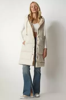Женский длинный пуховик кремового цвета с капюшоном Happiness Istanbul, бежевый
