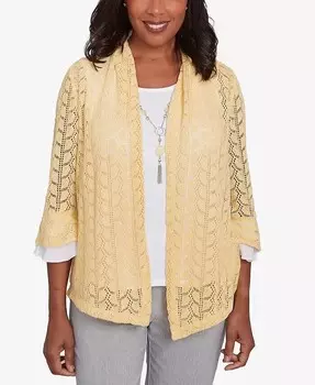 Женский дресс-код Два в одном, вязаный топ с ажурной вязкой и ожерельем Alfred Dunner, желтый