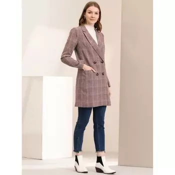 Женский двубортный клетчатый пиджак с длинными рукавами и зубчатыми лацканами ALLEGRA K, серый