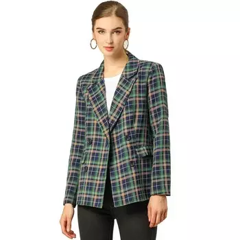 Женский двубортный пиджак в клетку с зубчатыми лацканами ALLEGRA K, цвет Blue Green