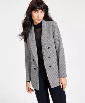 Женский двубортный жакет из искусственной кожи в клетку с открытым передом Bar III, черный