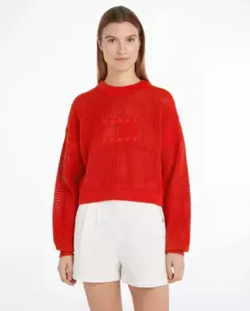 Женский джемпер с ажурной вязкой и круглым вырезом Tommy Jeans, красный