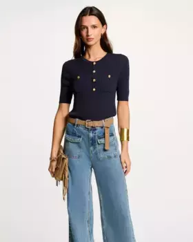 Женский джемпер с коротким рукавом в рубчик Morgan, темно-синий