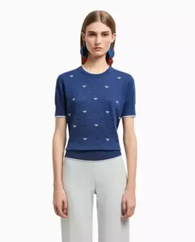Женский джерси с короткими рукавами и вышитыми логотипами Emporio Armani, синий