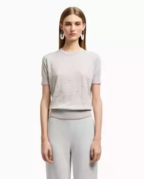 Женский джерси с короткими рукавами и вышитыми логотипами Emporio Armani, светло-серый