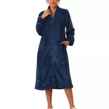 Женский фланелевой теплый уютный пушистый длинный халат Домашняя одежда Домашние халаты на молнии Cheibear, темно-синий