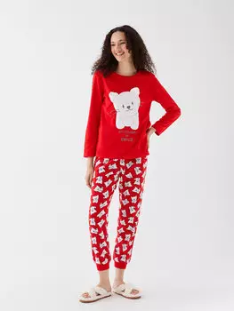 Женский флисовый пижамный комплект с круглым вырезом и длинными рукавами с вышивкой LCW DREAM