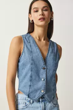 Женский голубой тонкий джинсовый жилет с металлическими пуговицами Happiness stanbul, темно-синий