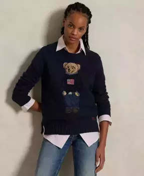 Женский хлопково-льняной свитер Polo Bear Polo Ralph Lauren, мультиколор