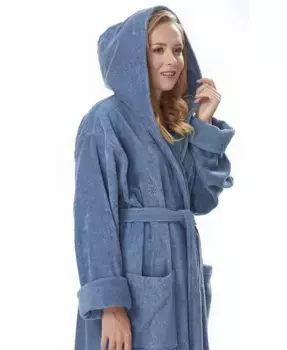 Женский хлопковый банный халат с капюшоном, длинный, сертифицированный GOTS, органический турецкий хлопок ARUS, синий