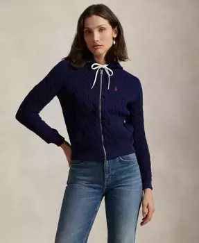 Женский хлопковый худи с молнией и ажурной вязкой Polo Ralph Lauren, синий