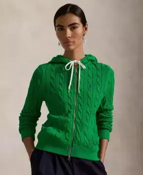 Женский хлопковый худи с молнией и ажурной вязкой Polo Ralph Lauren, зеленый