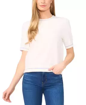 Женский хлопковый короткий свитер с контрастными полосками CeCe, белый