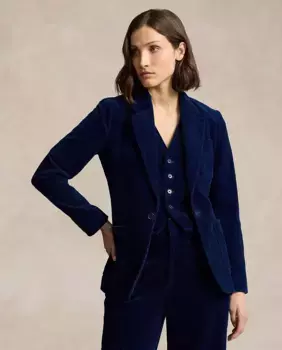Женский хлопковый пиджак с лацканами и пуговицей Polo Ralph Lauren, темно-синий