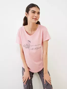 Женский хлопковый пижамный комплект с V-образным вырезом и принтом с короткими рукавами LCW DREAM