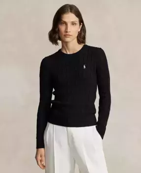Женский хлопковый свитер с косой вязкой и круглым вырезом Polo Ralph Lauren, черный