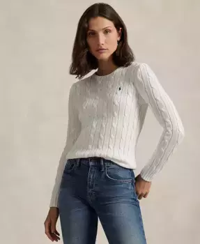 Женский хлопковый свитер с косой вязкой и круглым вырезом Polo Ralph Lauren, белый