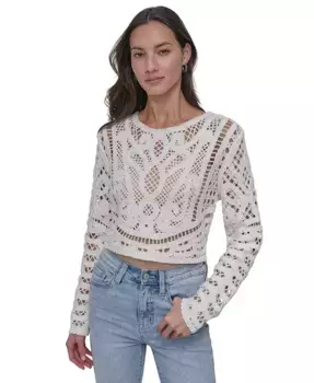 Женский хлопковый свитер с кружевной вязкой DKNY Jeans, белый